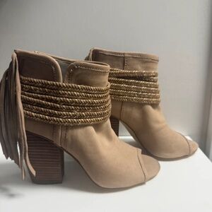 BCBGeneration Tan Braided Fringe Peep-Toe Ankle Booties